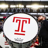 A marching band drum with the Temple "T" logo.